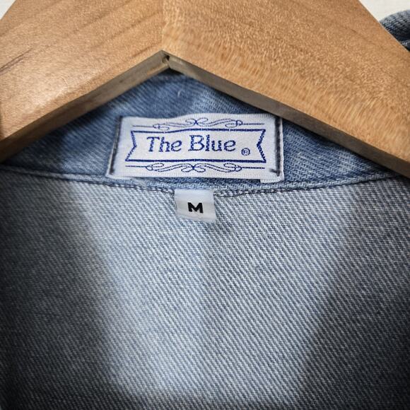 VTG Denim Jean Jacket Shacket Sz M Blue Silver Embroidery Pearls Pockets Boho - Picture 9 of 15